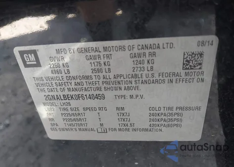 2015 Chevrolet Equinox 1Lt из США, поврежденный, VIN 2GNALBEK0F6140459